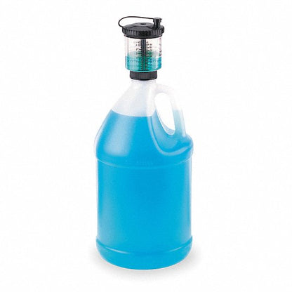 A translucent plastic gallon jug containing bright blue liquid, topped with a black screw-on cap and an integrated clear measuring reservoir holding green liquid