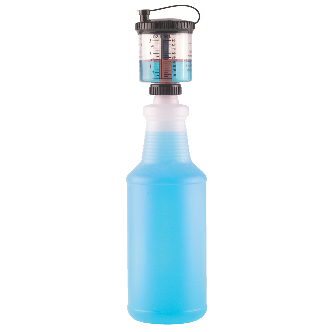 A plastic squeeze bottle containing bright blue liquid with a clear integrated measuring dispenser showing ounce and milliliter markings on a white background