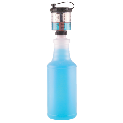 A plastic squeeze bottle containing bright blue liquid with a clear integrated measuring dispenser showing ounce and milliliter markings on a white background
