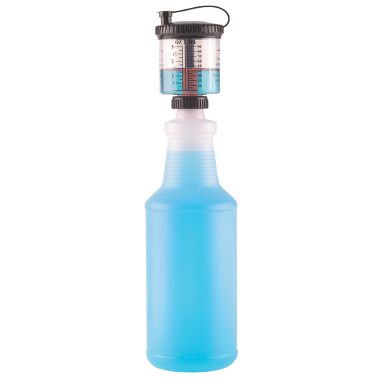 A plastic squeeze bottle containing bright blue liquid with a clear integrated measuring dispenser showing ounce and milliliter markings on a white background