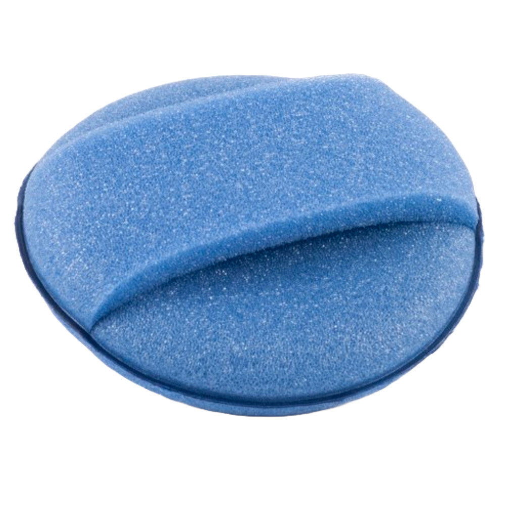 Vibrant blue round foam applicator pad with a raised central grip and coarse texture
