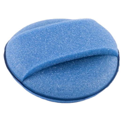 Vibrant blue round foam applicator pad with a raised central grip and coarse texture