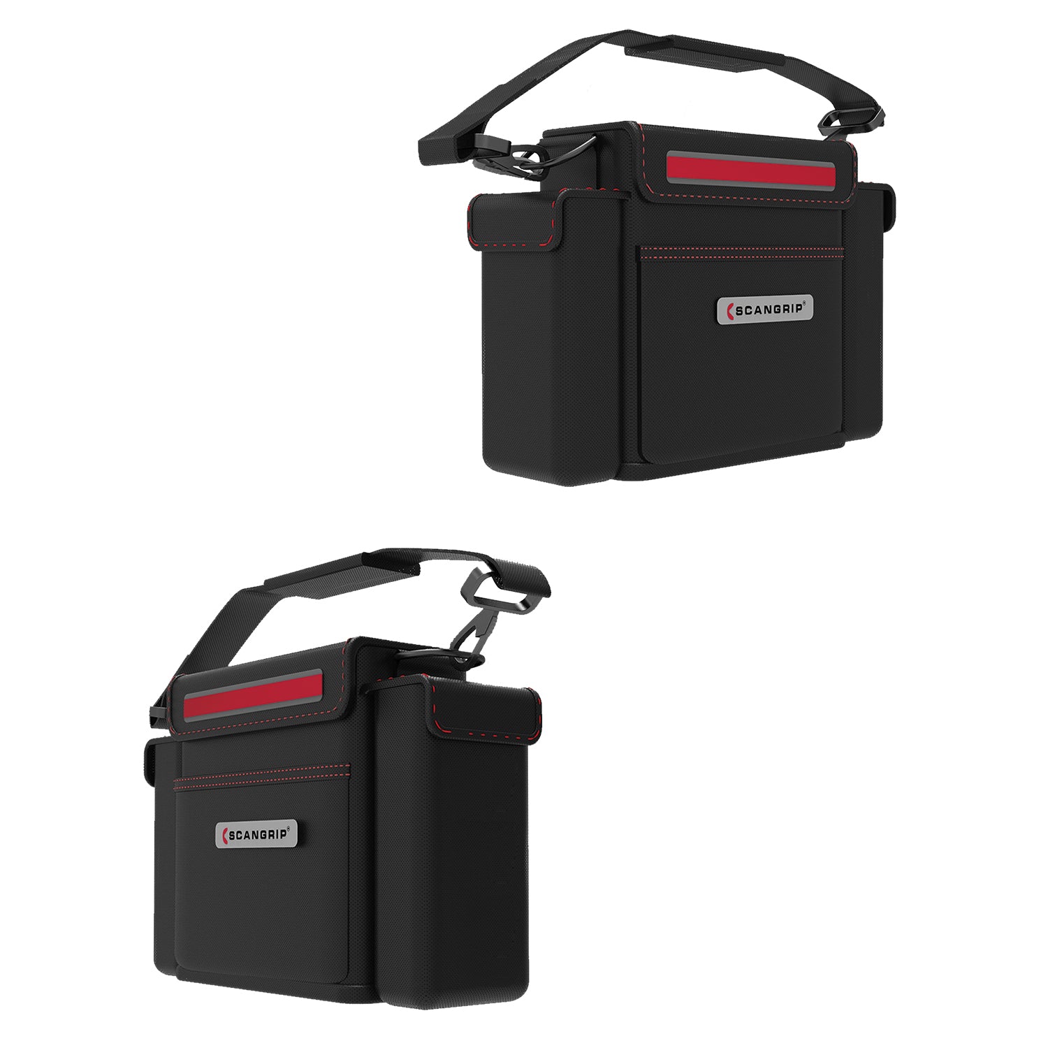 Black textile ScanGrip tool bag shown from two angles featuring a red horizontal stripe on the flap a white ScanGrip logo on the front pocket and red accent stitching with an adjustable shoulder strap