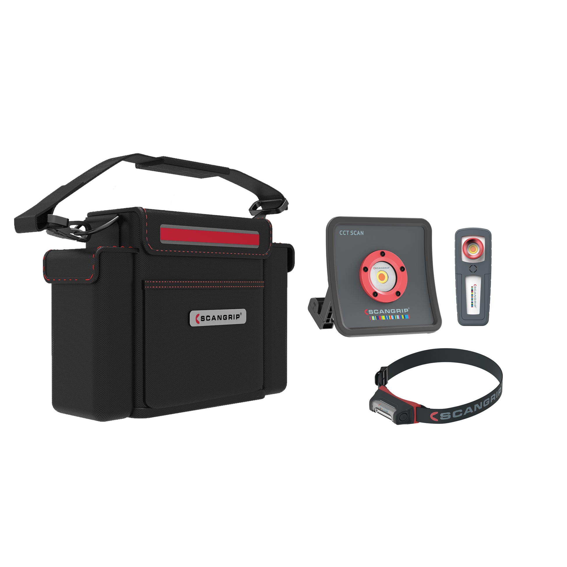Product photography of a Scangrip detailing lighting kit featuring a black carrying bag with red accents, a square CCT Scan work light, a handheld penlight, and a black and red headlamp