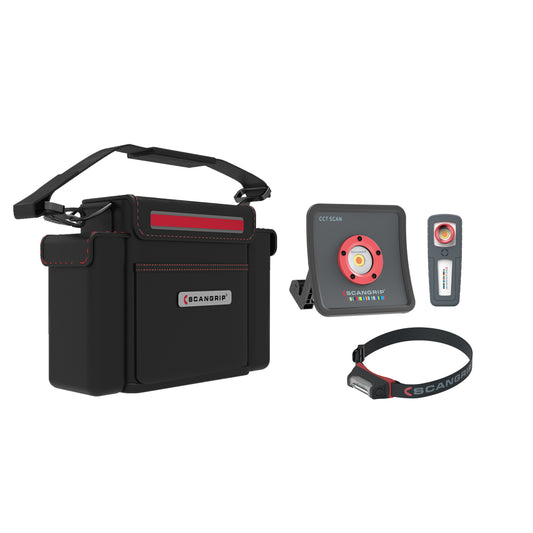 Product photography of a Scangrip detailing lighting kit featuring a black carrying bag with red accents, a square CCT Scan work light, a handheld penlight, and a black and red headlamp