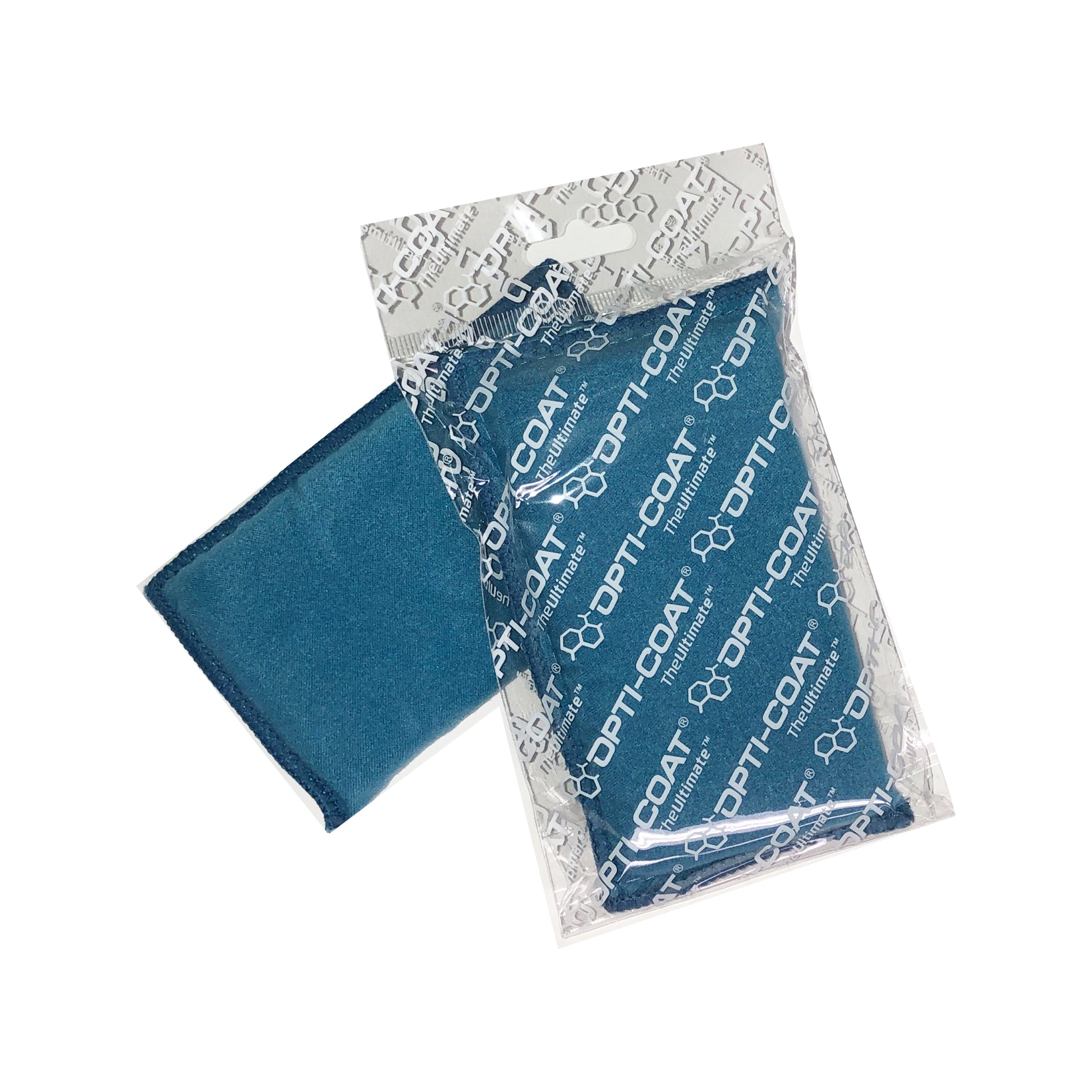 An Opti-Coat applicator pad still in its clear plastic packaging featuring the brand logo and text, next to an identical unpackaged teal blue rectangular pad on a white background