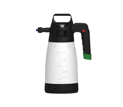 IK Foam Pro 2 sprayer with black top and integrated handle, translucent white bottle displaying measurement markings, a green grip, and a purple nozzle tip