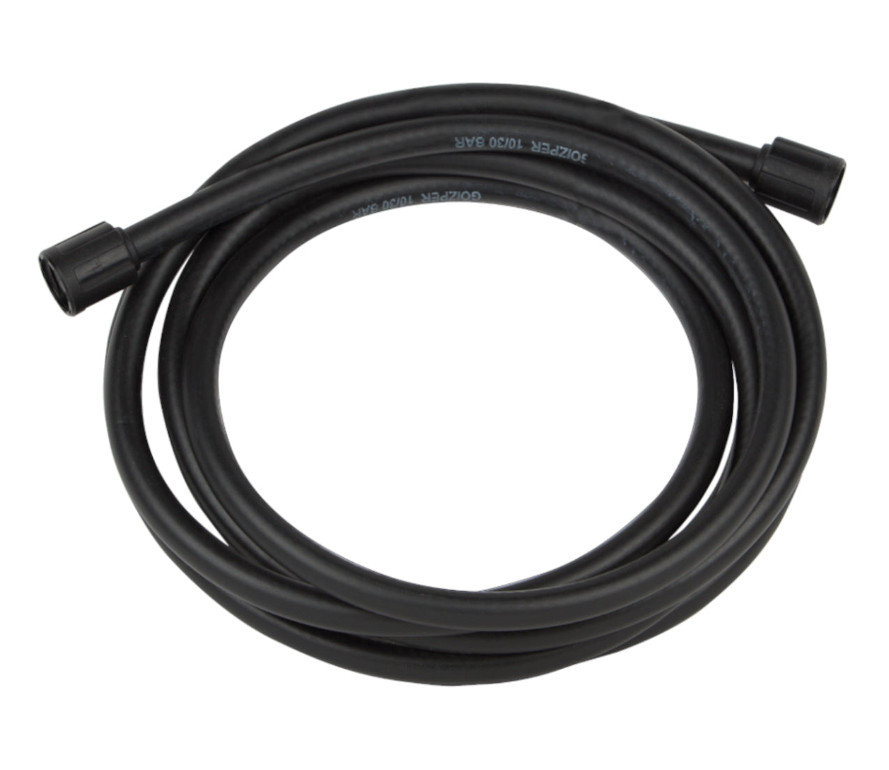 Black Goizper 10/30 BAR high-pressure hose coiled on a white background with threaded connectors at both ends