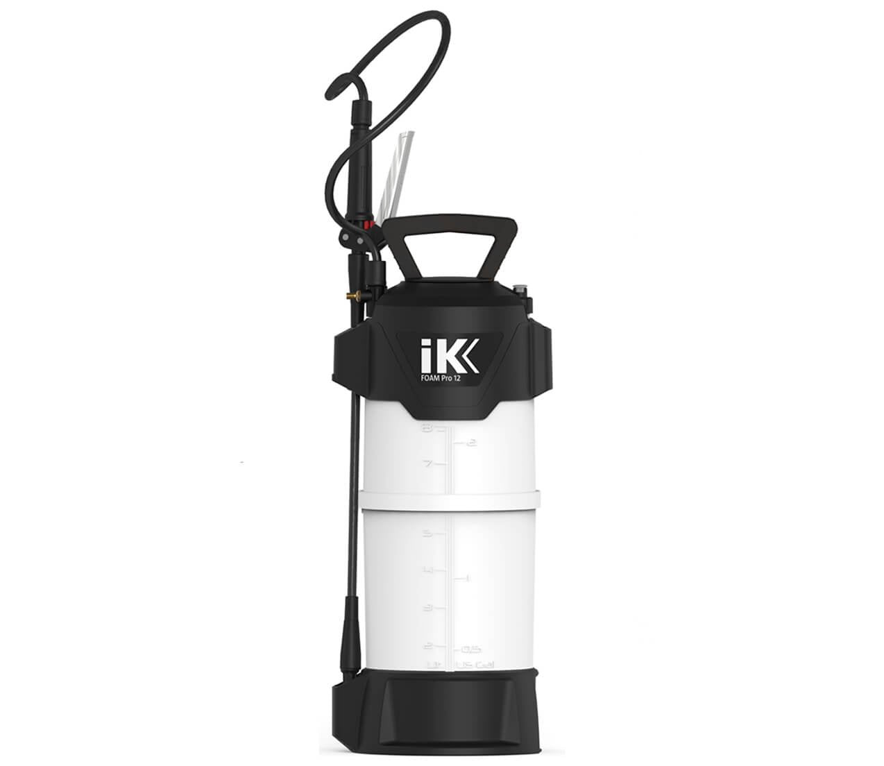 Digital photograph of the iK FOAM Pro 12 sprayer a sleek black and white unit featuring a translucent white tank with visible measurement lines and the iK brand logo on its black top handle