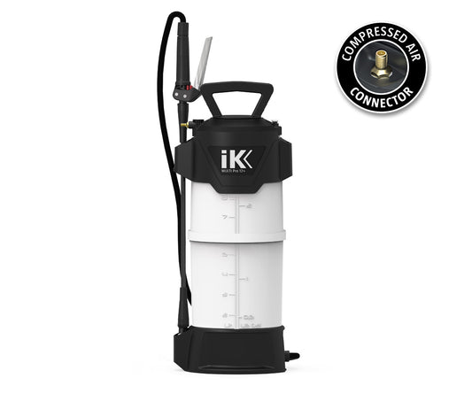 Product image of an iK Multi Pro 12+ professional sprayer featuring a black top and base on a white tank with clear liter and US gallon measurements, highlighted by a separate round badge for its gold compressed air connector
