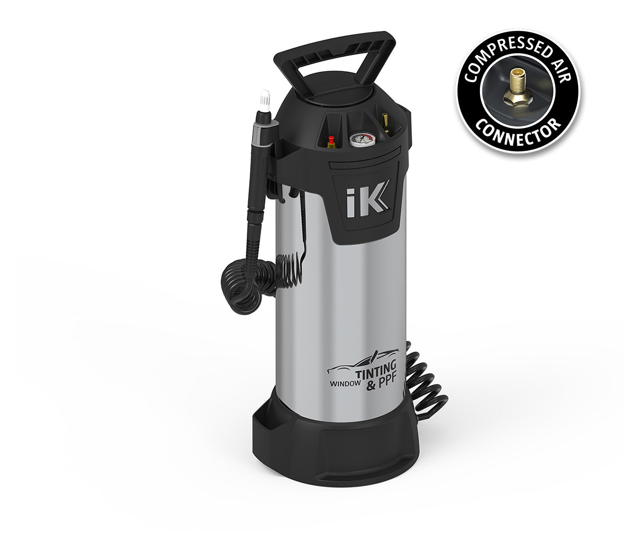 iK professional pump sprayer for window tinting and PPF, with a silver cylindrical body, black top and base, coiled hose, visible pressure gauge, and a prominent compressed air connector shown on a white studio background