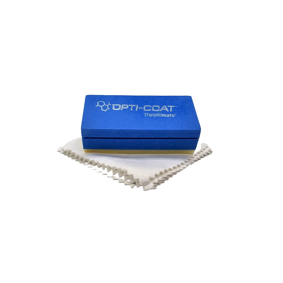 Opti-Coat applicator sponge with "OPTI-COAT TheUltimate" molecular logo and beige bottom layer resting on a white ruffled microfiber cloth on a plain white background