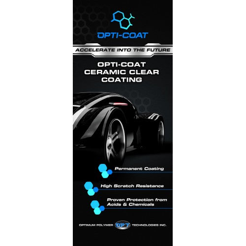 Digital advertisement by Opti-Coat Optimum Polymer Technologies Inc for Opti-Coat Ceramic Clear Coating featuring a sleek black sports car, a bright blue molecular logo with the tagline "ACCELERATE INTO THE FUTURE", and bullet points highlighting permanent coating high scratch resistance and chemical protection