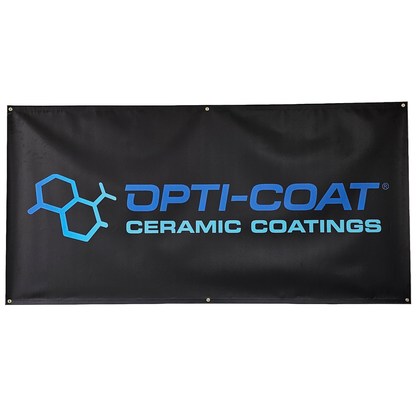 Black vinyl banner displaying the OPTI-COAT CERAMIC COATINGS logo with a blue molecular graphic and bright blue text, accented by metal grommets for hanging