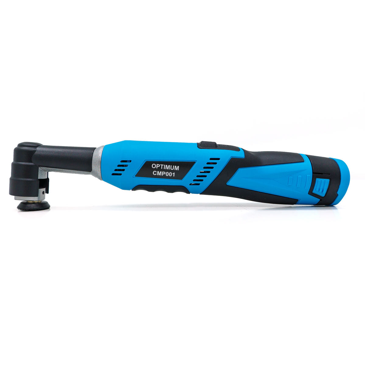 Product photograph of an OPTIMUM CMP001 cordless electric angle polisher in vibrant blue and black with a small sanding disc on a crisp white background