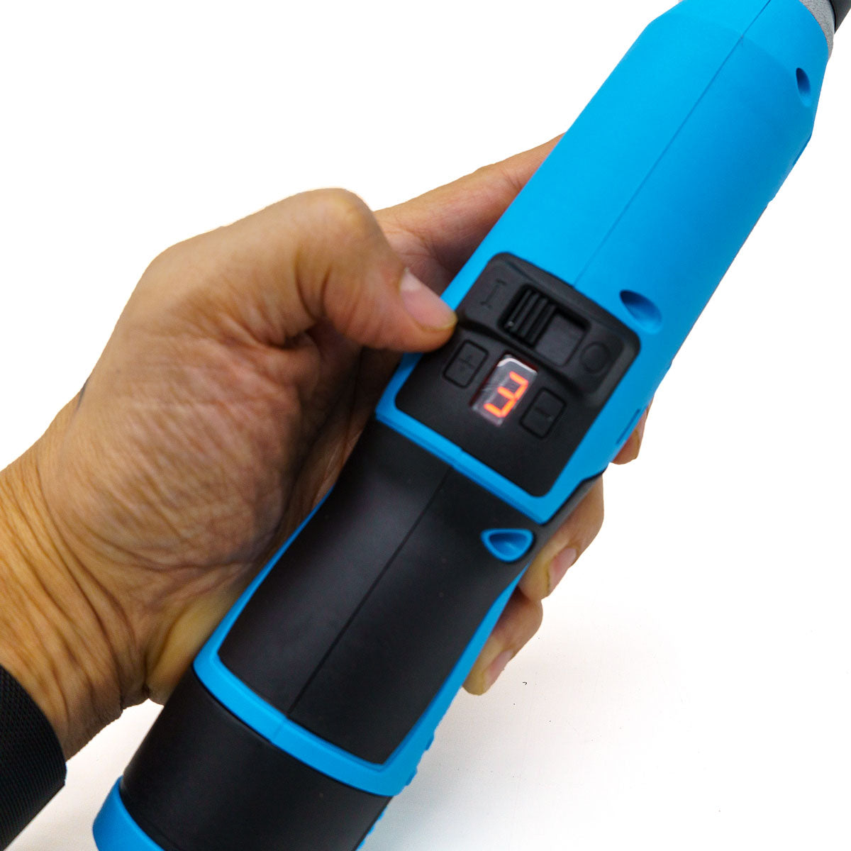 A person's hand holding a vibrant blue and black electric screwdriver, featuring an orange LED digital display showing number 3 and a toggle switch, against a clean white background