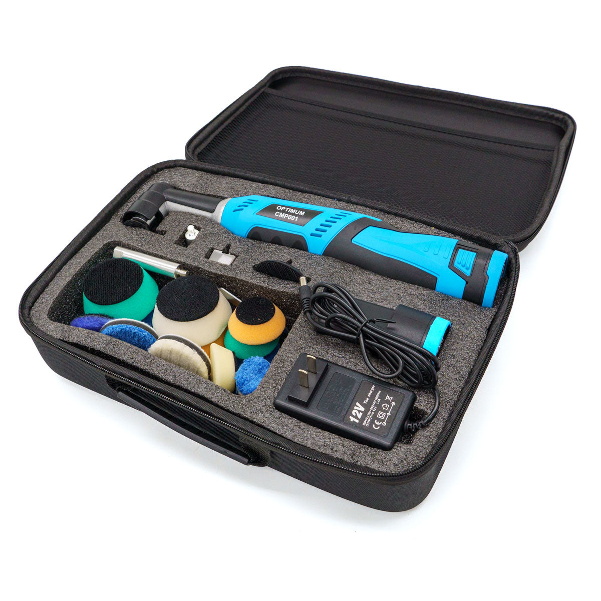 An Optimum CMP001 mini cordless car polisher kit featuring a turquoise blue and black polisher, an assortment of colorful foam pads including green, yellow, and blue, and a 12V charger, all neatly arranged within an open black zippered carrying case