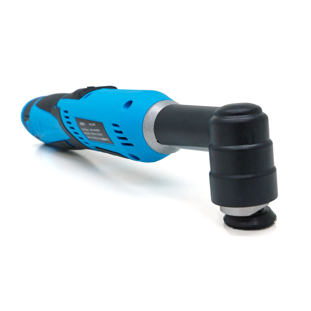 A bright blue and black cordless detail polisher with a right-angle head and a small circular sanding pad displayed on a white background