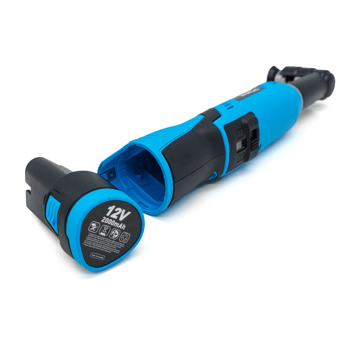 Bright blue and black cordless electric ratchet wrench with its 12V 2000mAh battery partially detached shown isolated on a white background