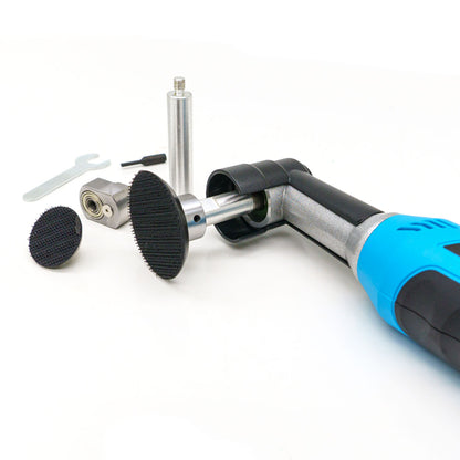 A blue and black electric angle polisher/sander tool with a silver 90-degree head, displayed with several attachments including a silver extension rod, a small wrench, and two black hook-and-loop sanding pads on a white background