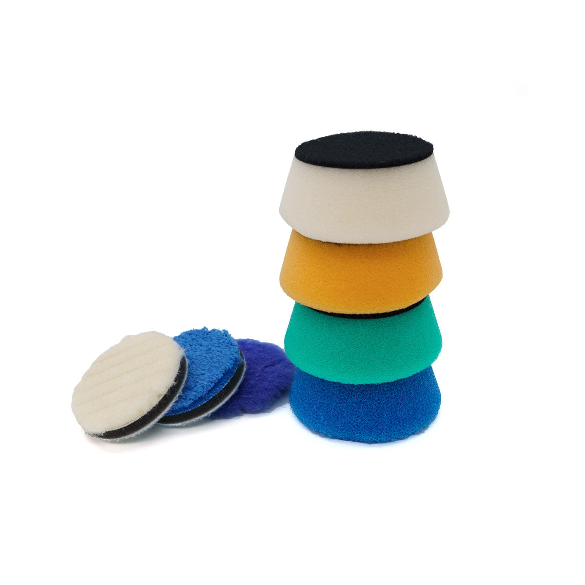 Product photograph of car detailing polishing pads featuring a stack of conical foam sponges in black beige orange emerald green and royal blue next to three flat circular pads including white microfiber blue chenille and purple foam