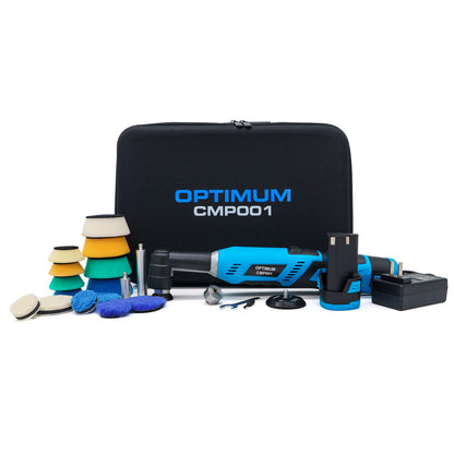 Optimum CMP001 cordless car polishing kit featuring a vibrant blue polisher, assorted colorful foam pads, and a branded black carrying case displayed on a white background