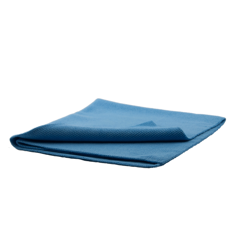 A neatly folded teal blue microfiber cleaning cloth featuring a distinct waffle weave pattern