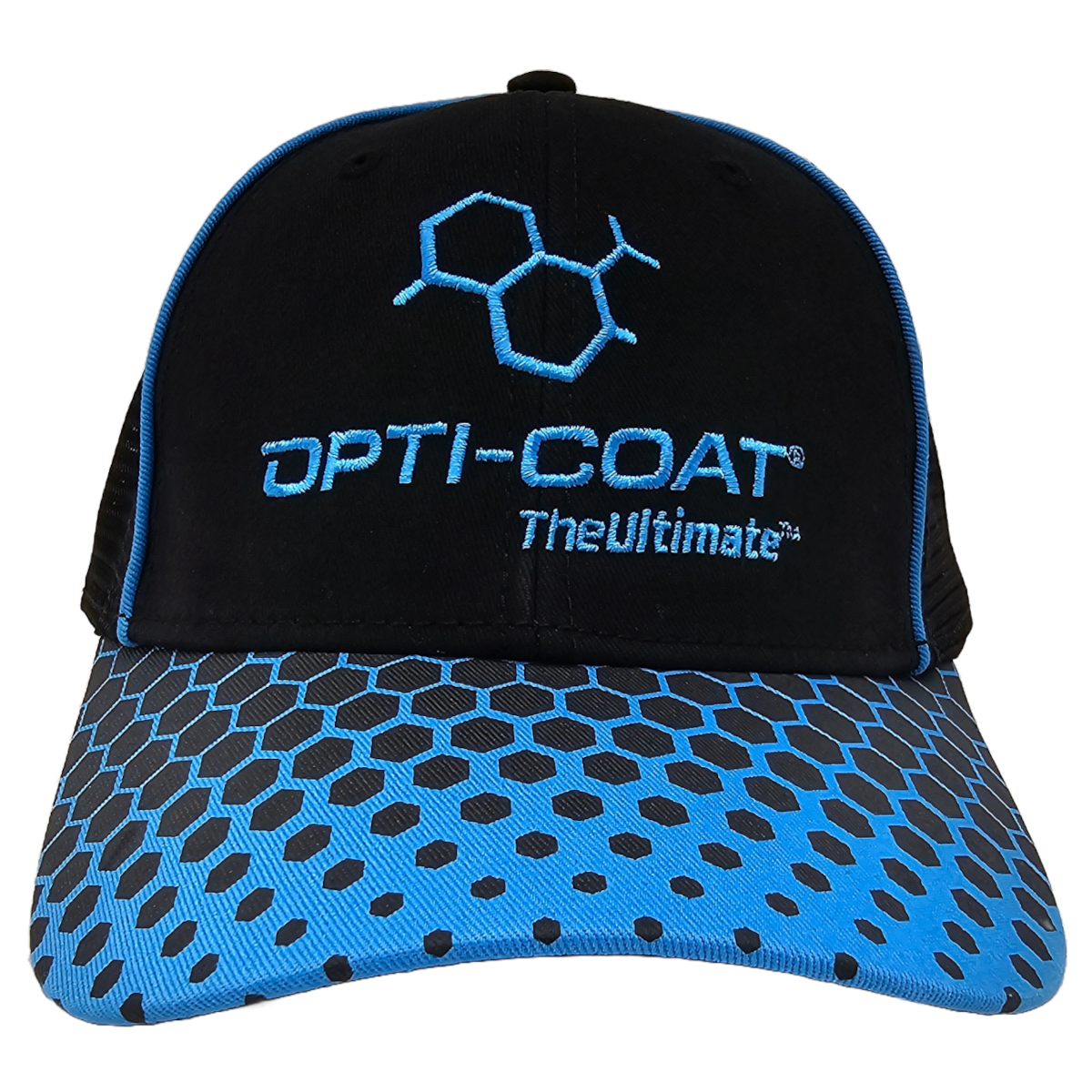 Black baseball cap with blue brim featuring a black honeycomb pattern, blue embroidered chemical structure logo, and blue OPTI-COAT TheUltimate text