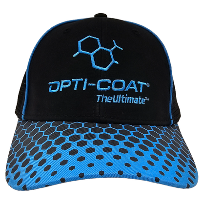 Black baseball cap with blue brim featuring a black honeycomb pattern, blue embroidered chemical structure logo, and blue OPTI-COAT TheUltimate text