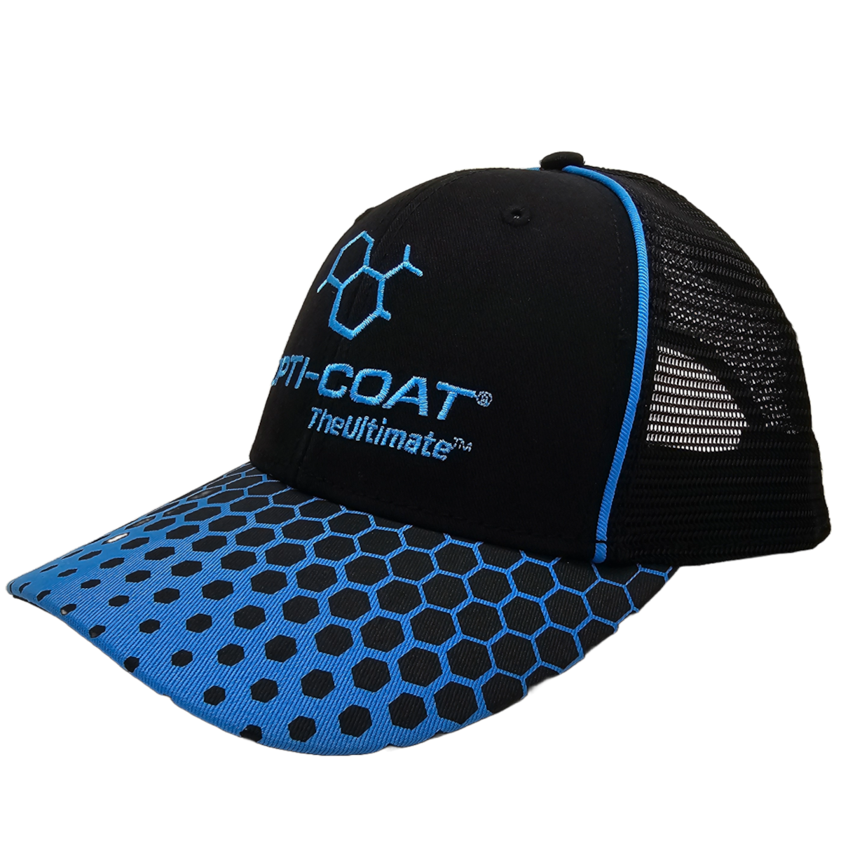 Black and blue trucker cap with an embroidered blue OPTI-COAT TheUltimate™ logo and chemical structure on the front, a blue brim with a black hexagonal honeycomb pattern, and black mesh back panels with blue piping
