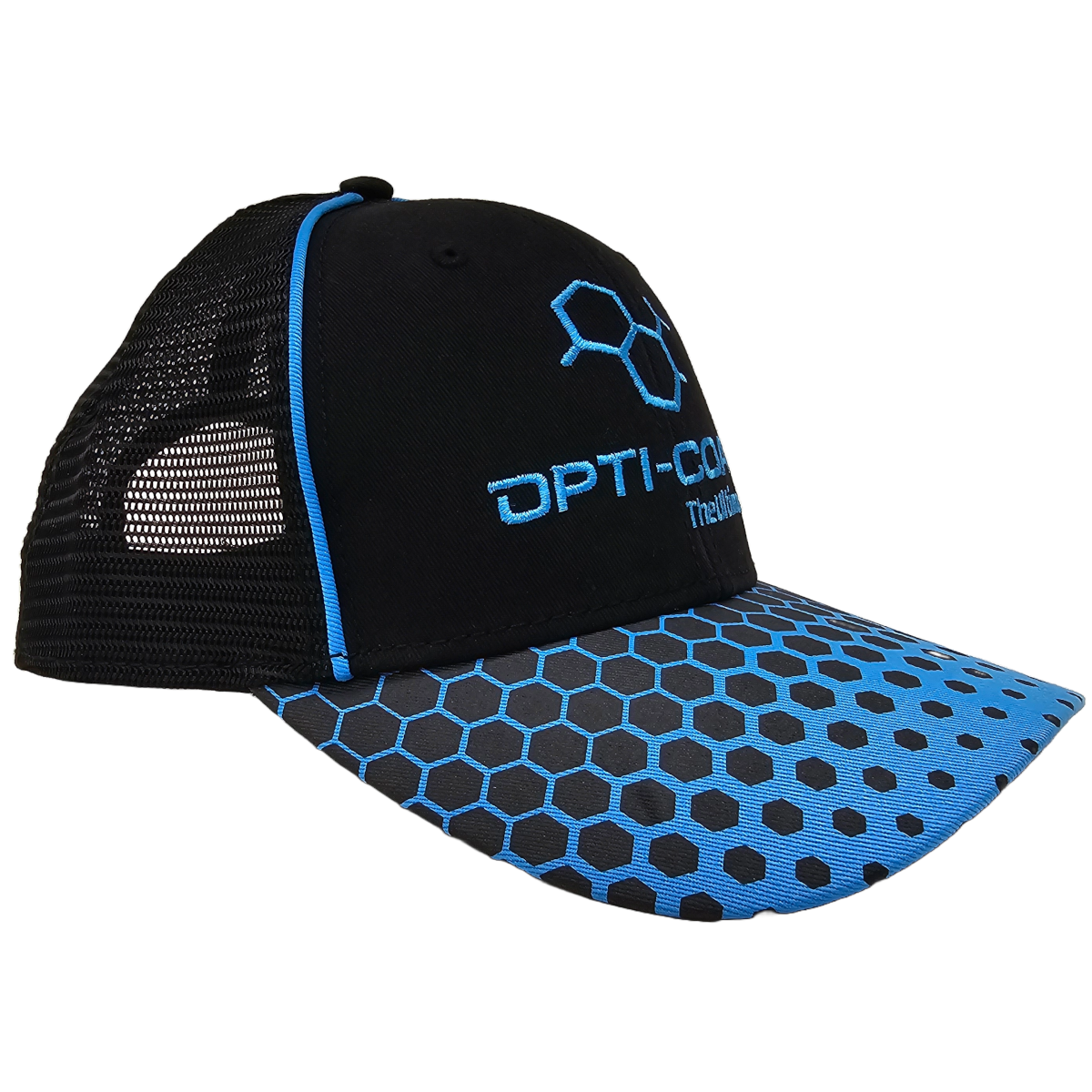 Black mesh trucker cap with bright blue Opti-Con embroidered logo, molecular structure symbol, blue seam piping, and a black honeycomb pattern on the blue brim