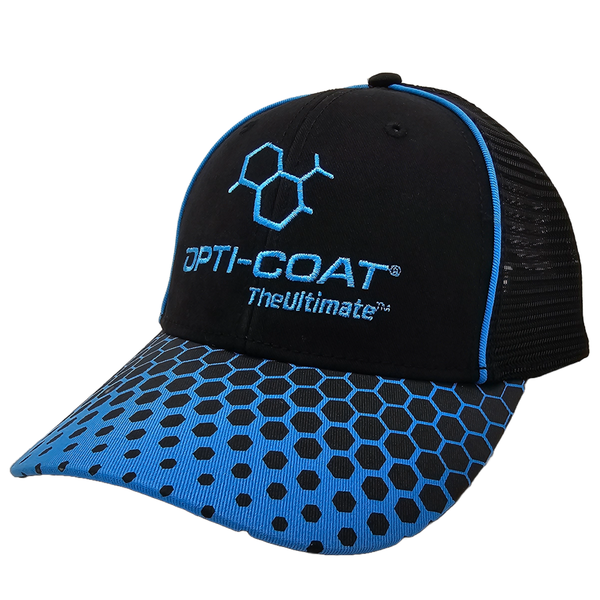 Black and blue trucker cap with an embroidered blue chemical structure logo and OPTI-COAT TheUltimate text featuring a hexagonal pattern on the brim and blue mesh back