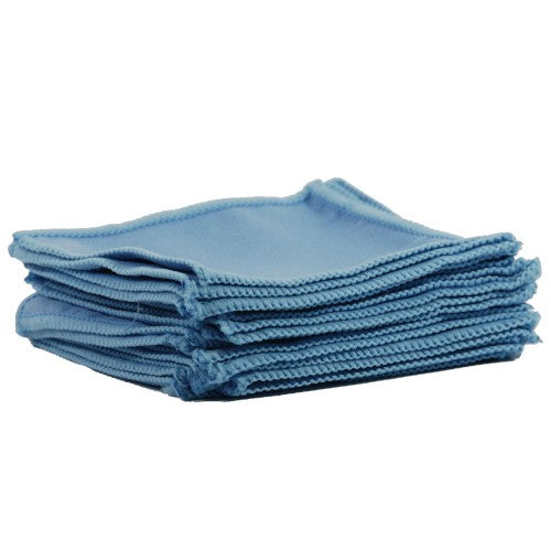 A stack of light blue microfiber cleaning cloths featuring a soft texture and distinctive zig-zag stitched edges