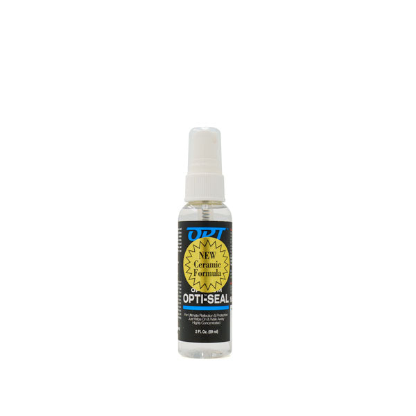 Product image of a 2 FL Oz clear spray bottle of OPT OPTI-SEAL NEW Ceramic Formula, featuring a black label with blue text and a prominent yellow jagged burst on a white background