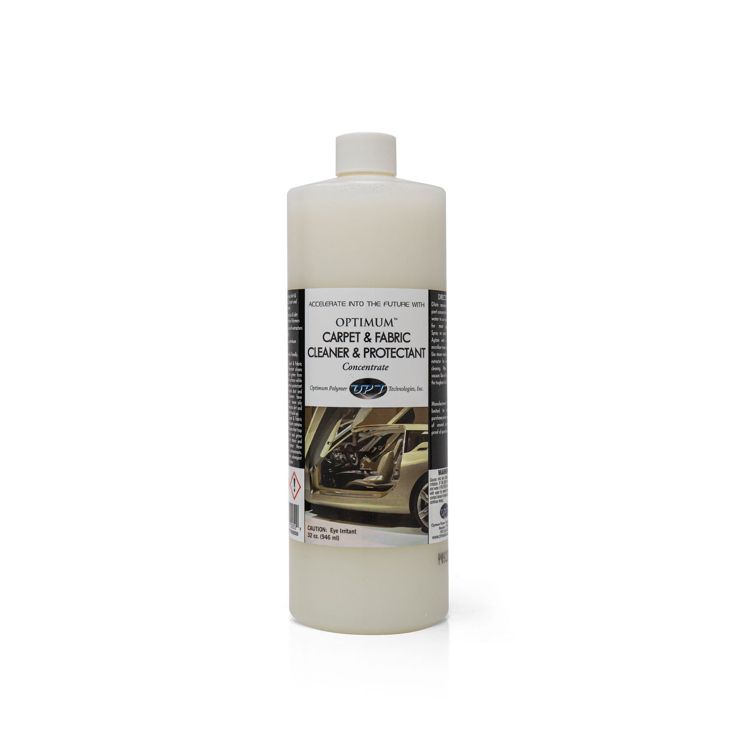 Product photograph of an off-white opaque bottle of Optimum Carpet & Fabric Cleaner & Protectant Concentrate with a white screw-top cap, its label showing black text, a beige car interior graphic, and the volume 32 oz