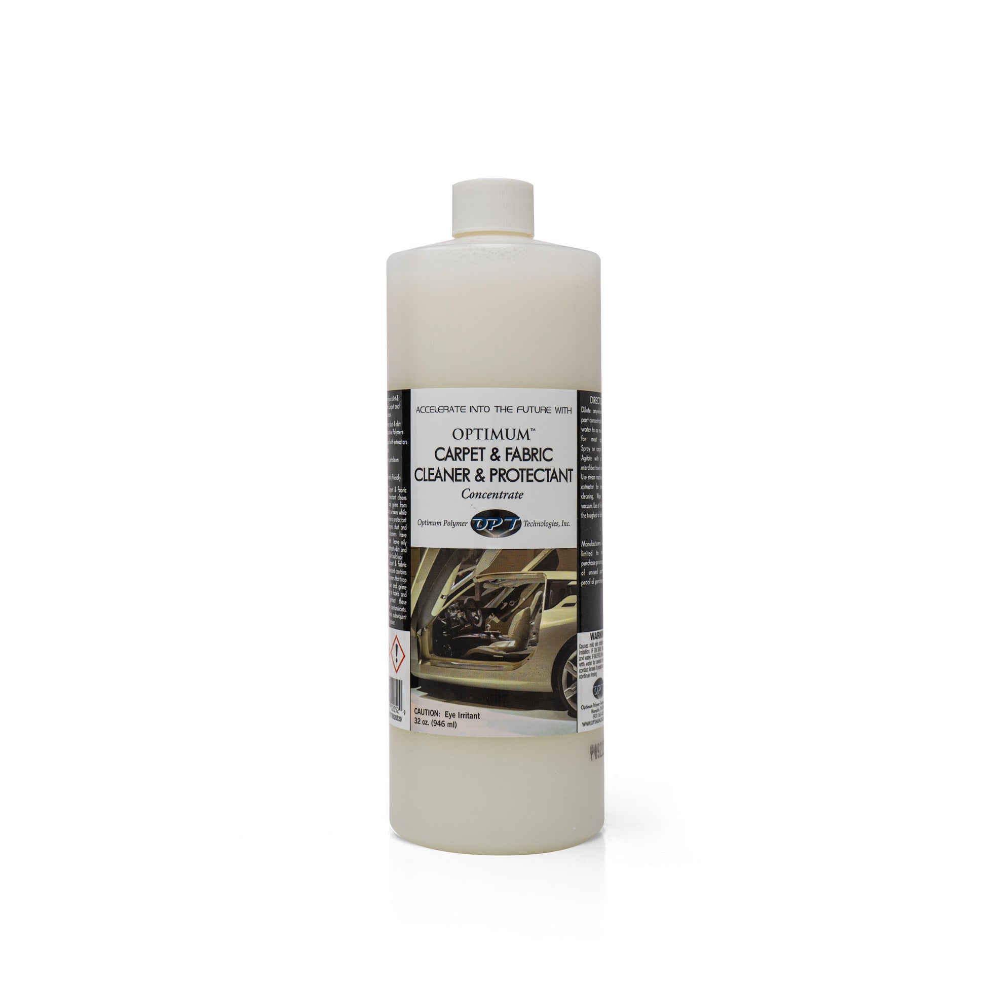 Product photograph of an off-white opaque bottle of Optimum Carpet & Fabric Cleaner & Protectant Concentrate with a white screw-top cap, its label showing black text, a beige car interior graphic, and the volume 32 oz