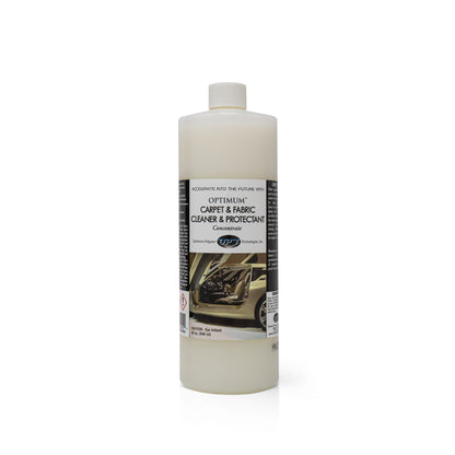 Product photograph of an off-white opaque bottle of Optimum Carpet & Fabric Cleaner & Protectant Concentrate with a white screw-top cap, its label showing black text, a beige car interior graphic, and the volume 32 oz