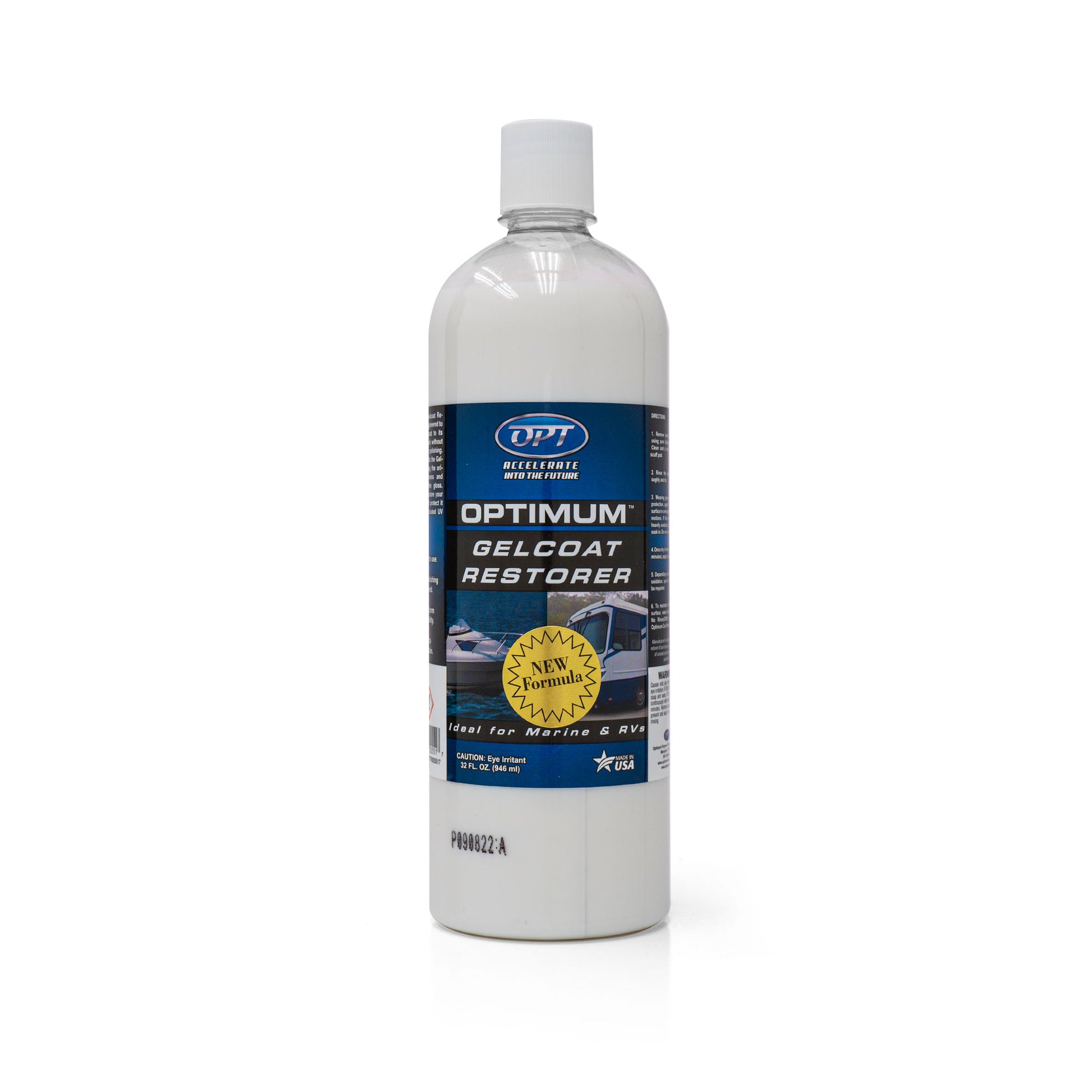 Optimum Gelcoat Restorer 32 fl oz bottle on a white background, featuring a blue label with a yellow "NEW FORMULA" burst and application images of a boat and RV