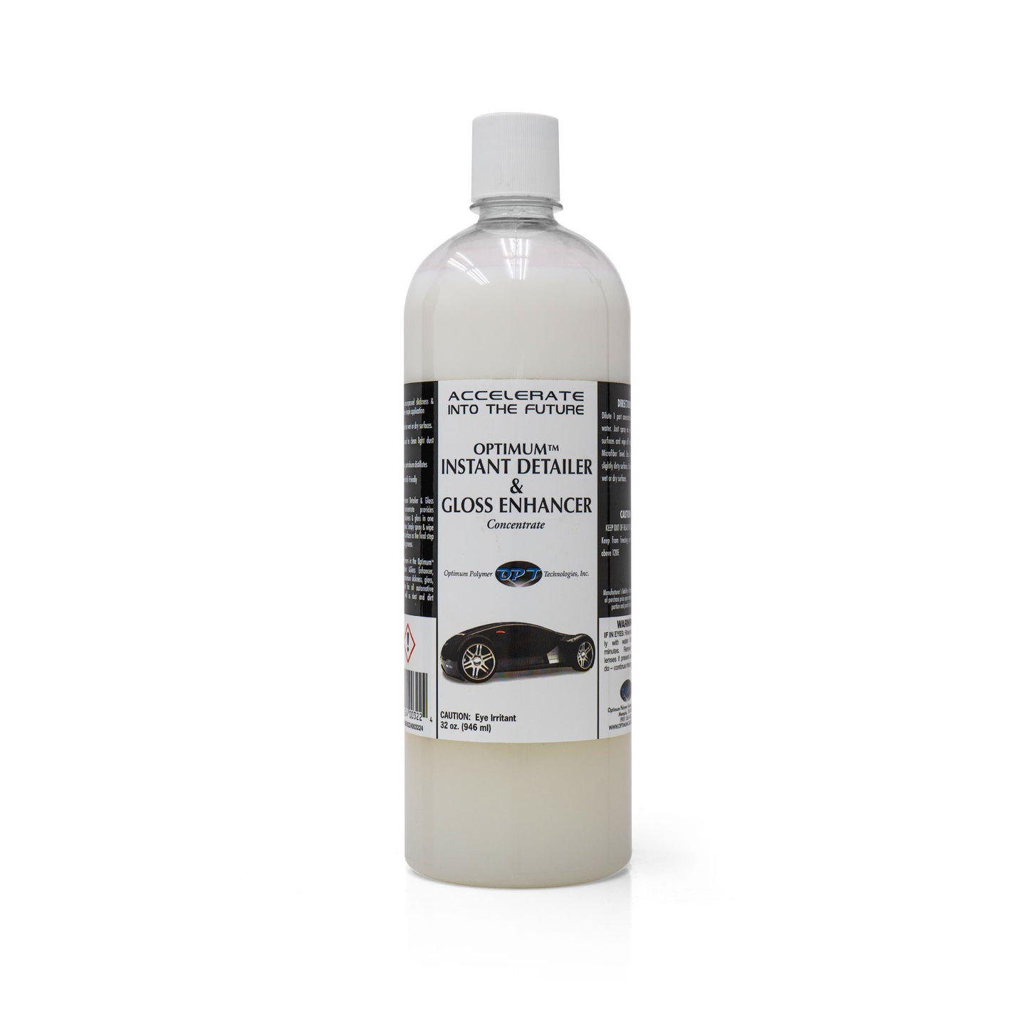 Product photography of an Optimum Polymer Technologies Inc 32 oz clear plastic bottle of Instant Detailer & Gloss Enhancer Concentrate containing milky white liquid, with a white cap and a black label featuring a sleek black sports car graphic