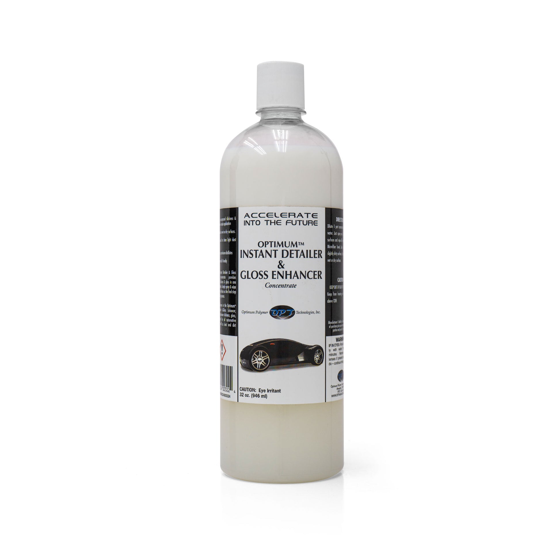 Product photography of an Optimum Polymer Technologies Inc 32 oz clear plastic bottle of Instant Detailer & Gloss Enhancer Concentrate containing milky white liquid, with a white cap and a black label featuring a sleek black sports car graphic