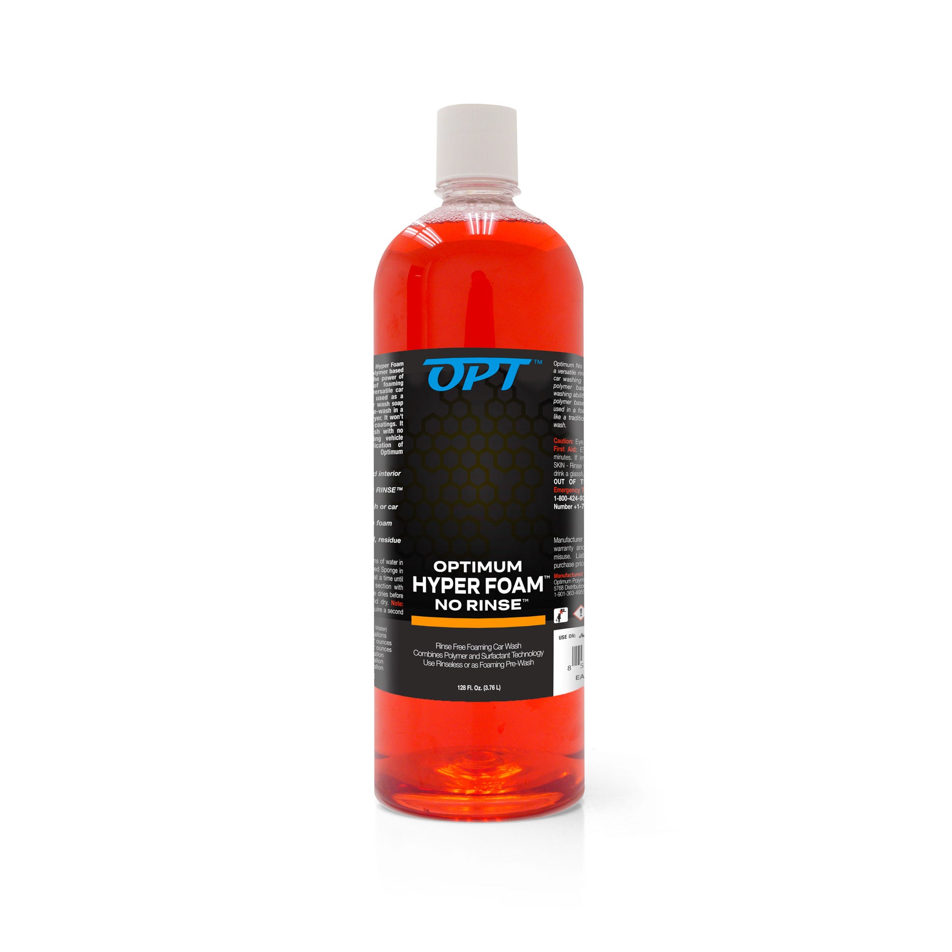 Product photography of a large clear plastic bottle of Optimum Hyper Foam No Rinse car wash with a white cap containing bright orange-red liquid and a black label featuring blue OPT and white Optimum Hyper Foam No Rinse text prominently displayed against a pure white studio background