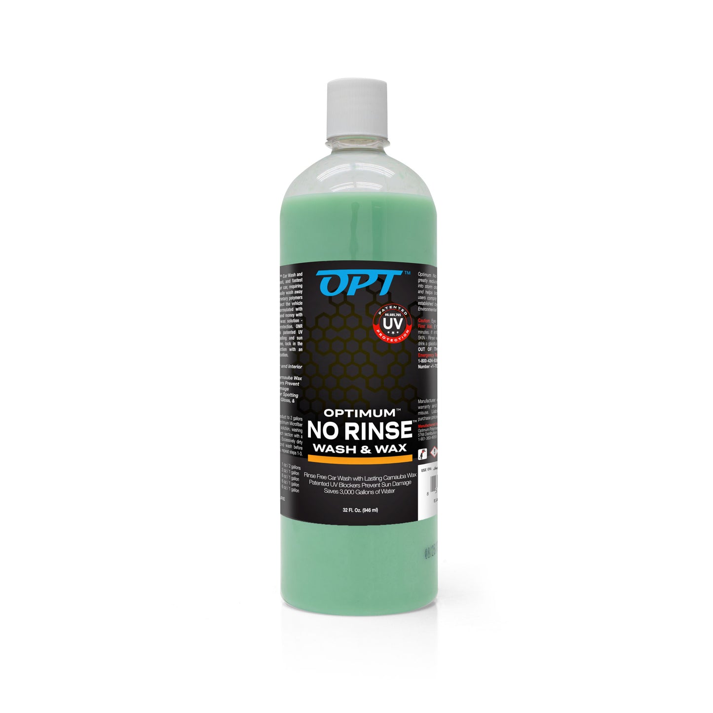 A clear plastic bottle of Optimum No Rinse Wash & Wax with vibrant green liquid, a white cap, and a black label featuring a blue OPT logo and orange UV Protection shield on a white background