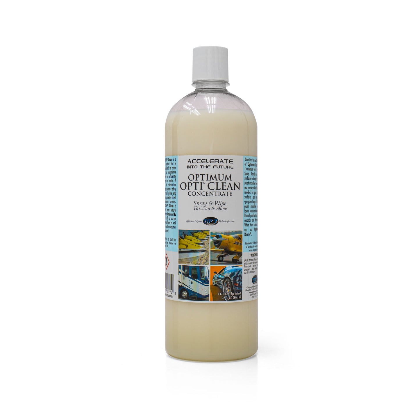 A clear plastic bottle of Optimum Opti-Clean Concentrate with a white cap contains a light beige liquid, featuring a white label with blue text and small illustrative photos of a yellow jet ski, a propeller plane, an RV, and a blue sports car