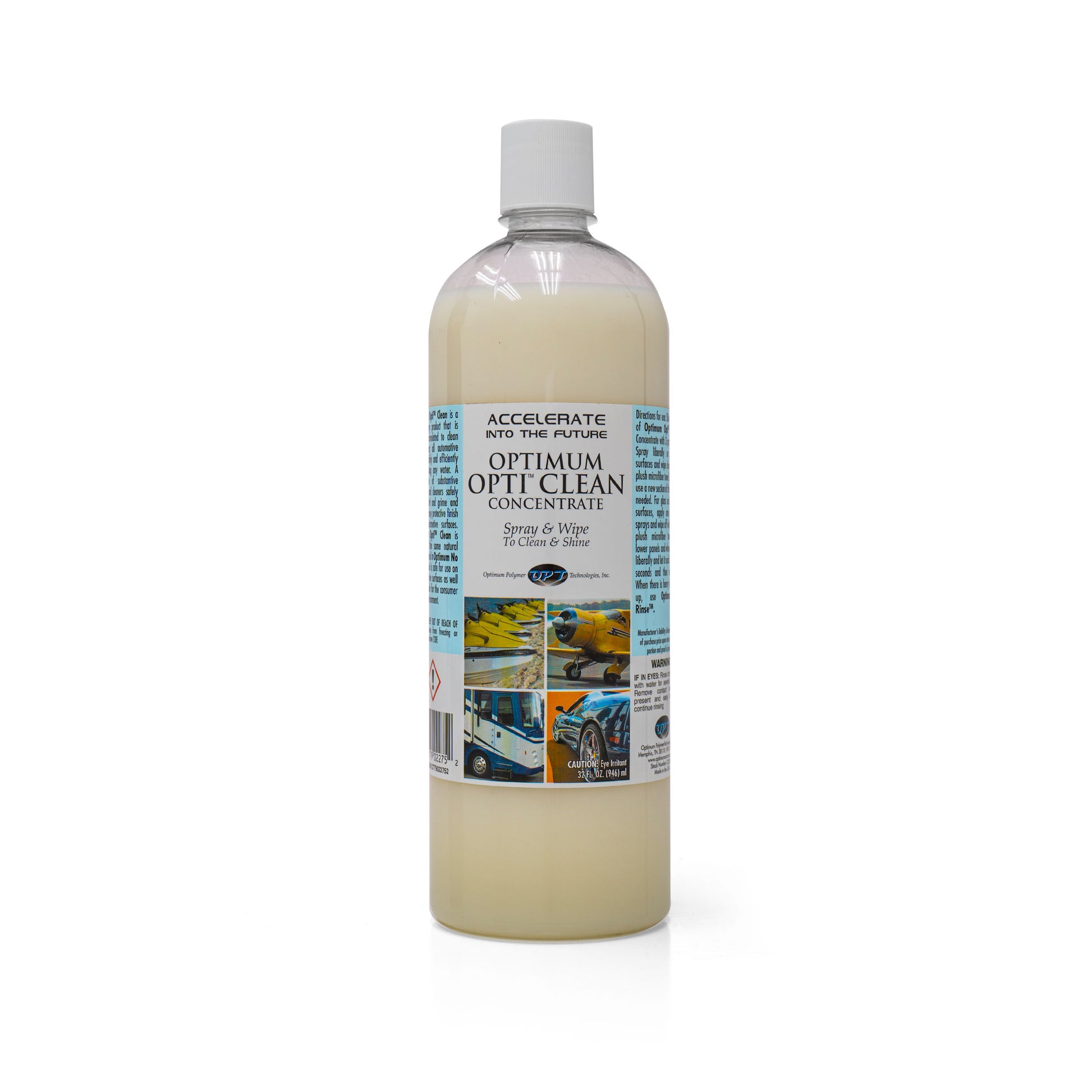 A clear plastic bottle of Optimum Opti-Clean Concentrate with a white cap contains a light beige liquid, featuring a white label with blue text and small illustrative photos of a yellow jet ski, a propeller plane, an RV, and a blue sports car