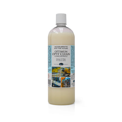 A clear plastic bottle of Optimum Opti-Clean Concentrate with a white cap contains a light beige liquid, featuring a white label with blue text and small illustrative photos of a yellow jet ski, a propeller plane, an RV, and a blue sports car