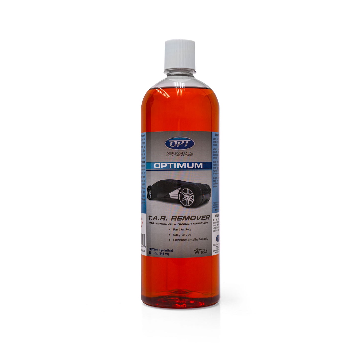 Product photo of an Optimum T.A.R. Remover clear plastic bottle with bright orange liquid, a white cap, and a label featuring the blue Optimum logo, a black sports car silhouette, and "Made in USA" text on a white background