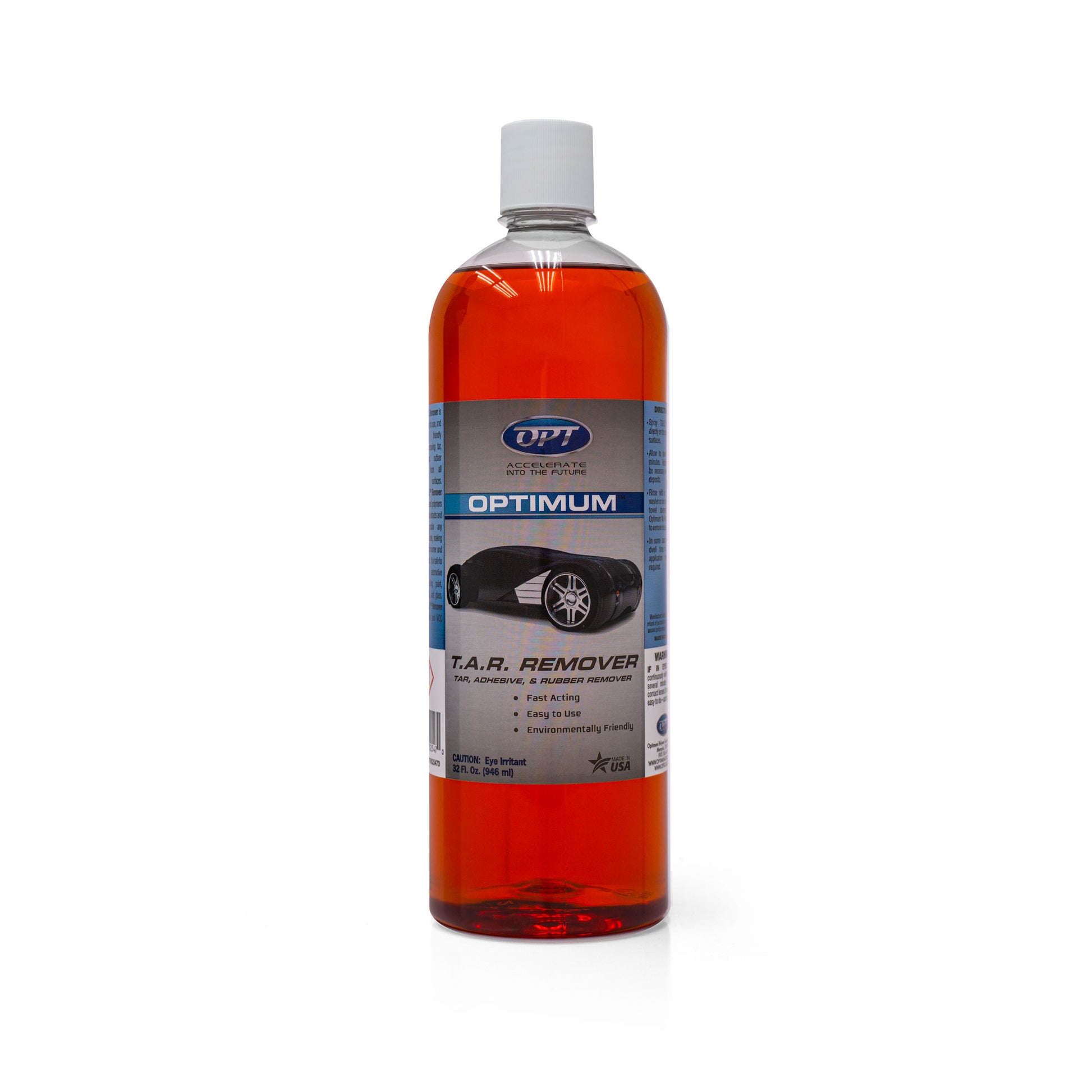 Product photo of an Optimum T.A.R. Remover clear plastic bottle with bright orange liquid, a white cap, and a label featuring the blue Optimum logo, a black sports car silhouette, and "Made in USA" text on a white background