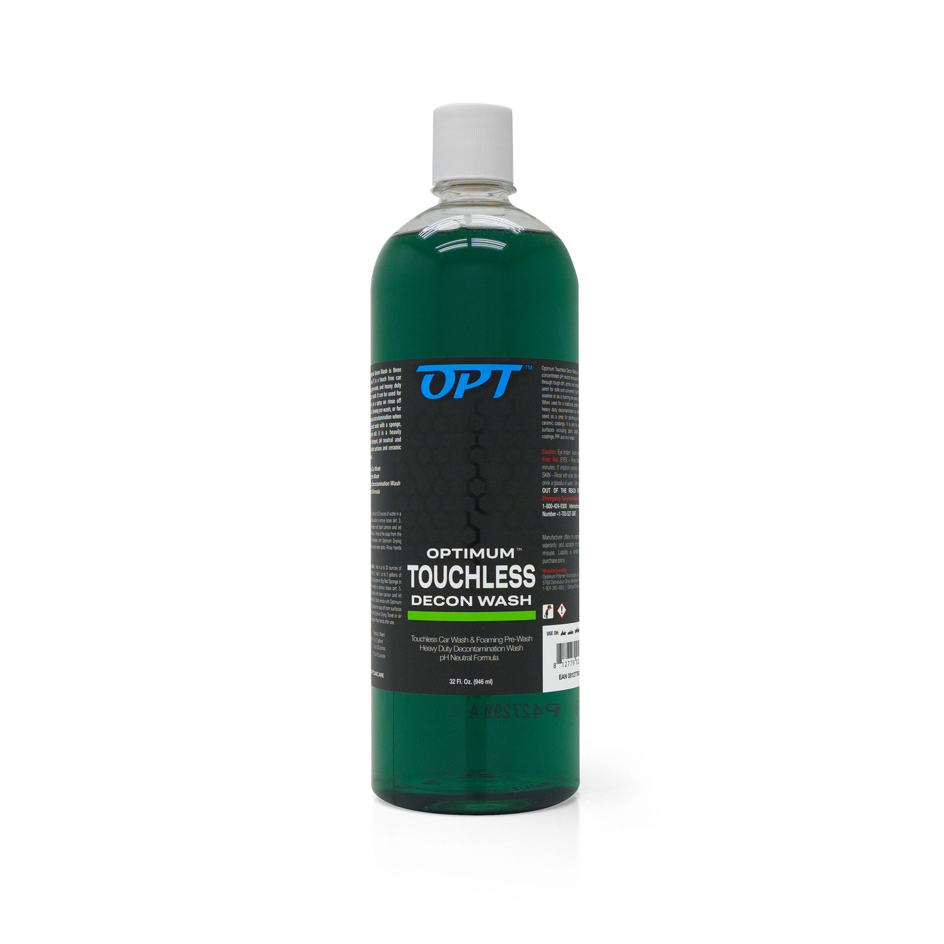 Photograph of a clear plastic bottle of Optimum Touchless Decon Wash, filled with dark green liquid and a white screw cap, displaying the blue OPT logo and label details including 'Touchless Car Wash & Foaming Pre-Wash Heavy Duty Decontamination Wash pH Neutral Formula' in a 32 fl oz (946 ml) size against a white background