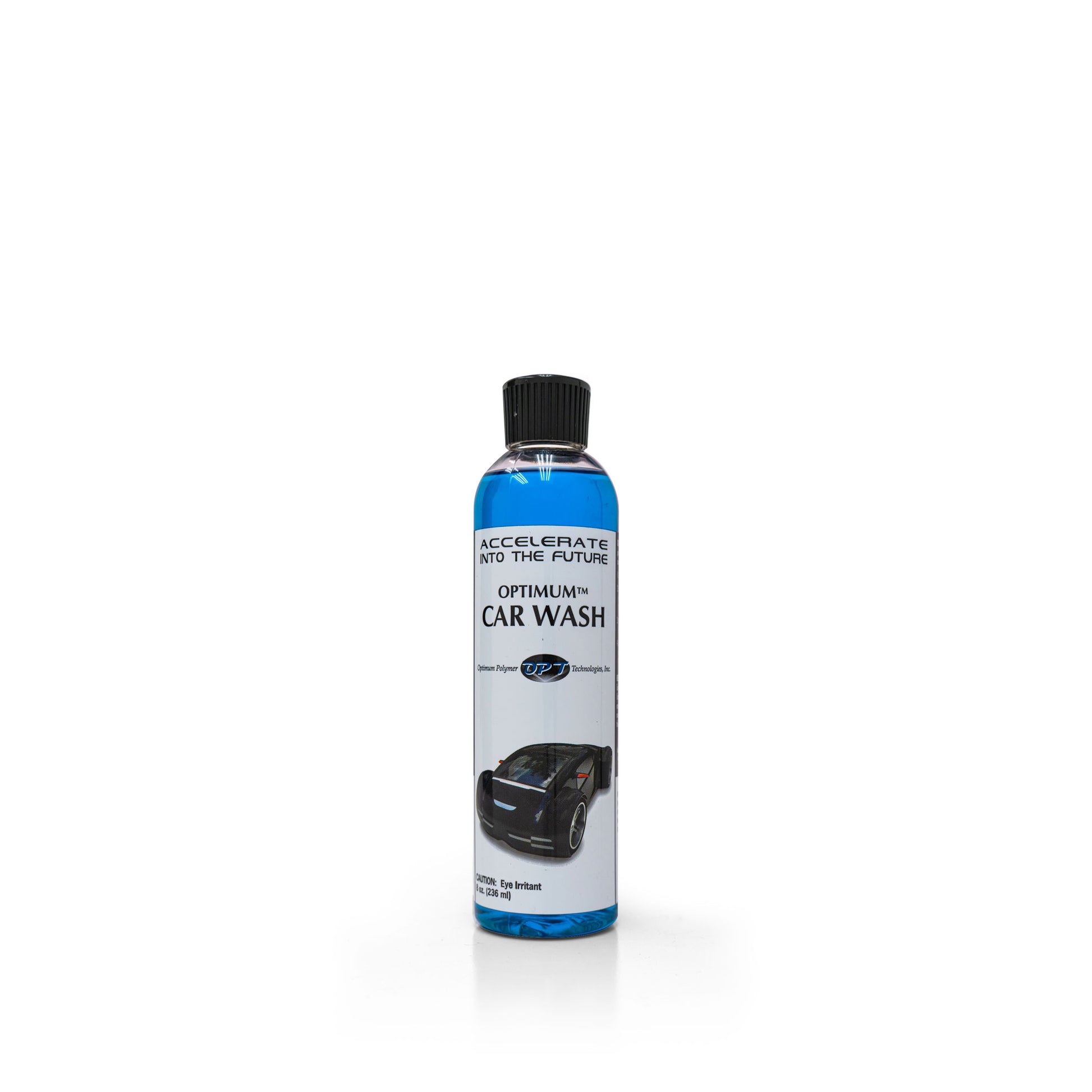 Clear plastic bottle of Optimum Car Wash containing bright blue liquid with a black cap, featuring a white label displaying ACCELERATE INTO THE FUTURE and a stylized black car graphic