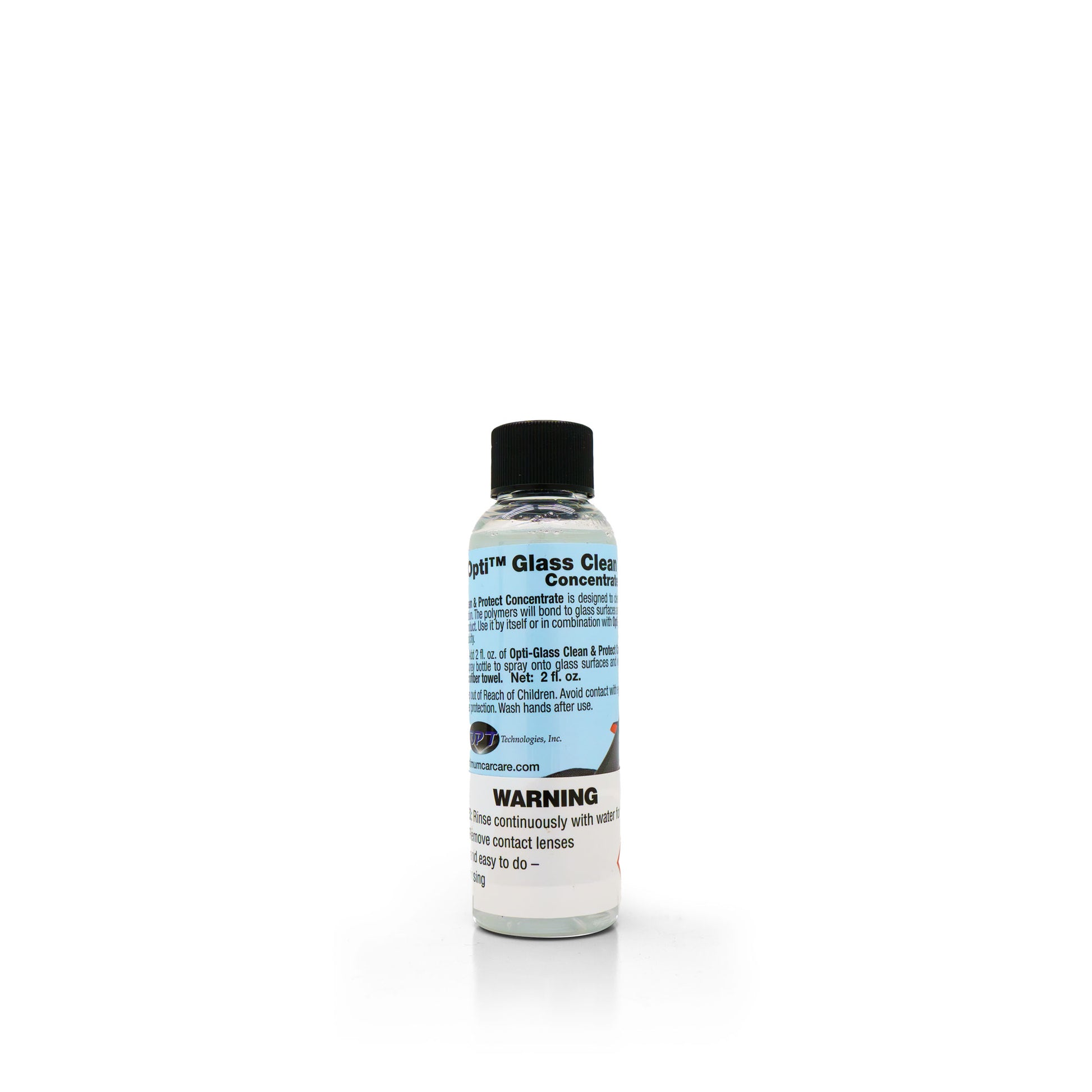 Studio product photo of Opti Glass Clean Concentrate, a small clear plastic bottle with a black screw cap and a blue and white label detailing "Net: 2 fl. oz." and a prominent "WARNING" message, presented on a clean white background